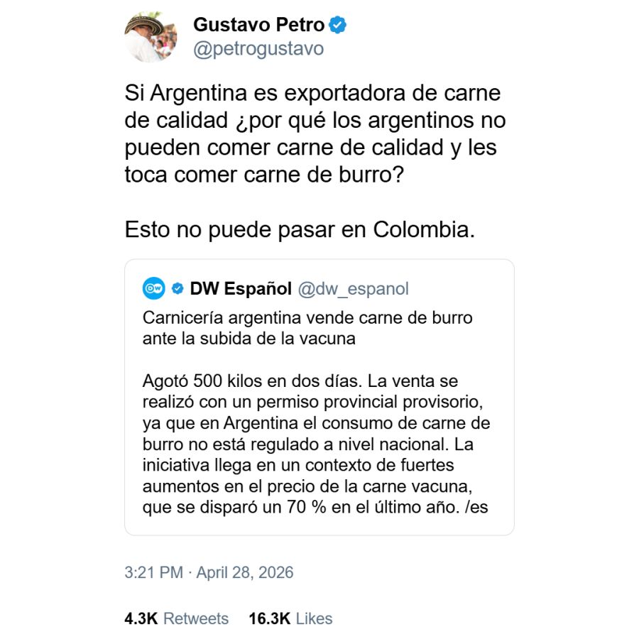 Gustavo Petro contra Javier Milei por la supuesta venta de carne de burro en Argentina