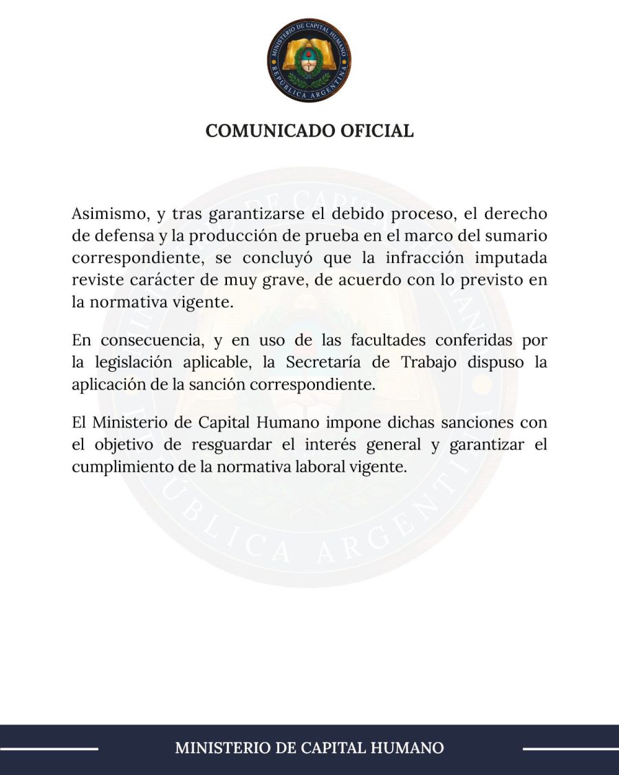 Multa del Ministerio de Capital Humano al gremio La Fraternidad 2