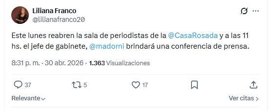 Posteo de Liliana Franco hablando de la reapertura de la Sala de Periodistas en la Casa Rosada