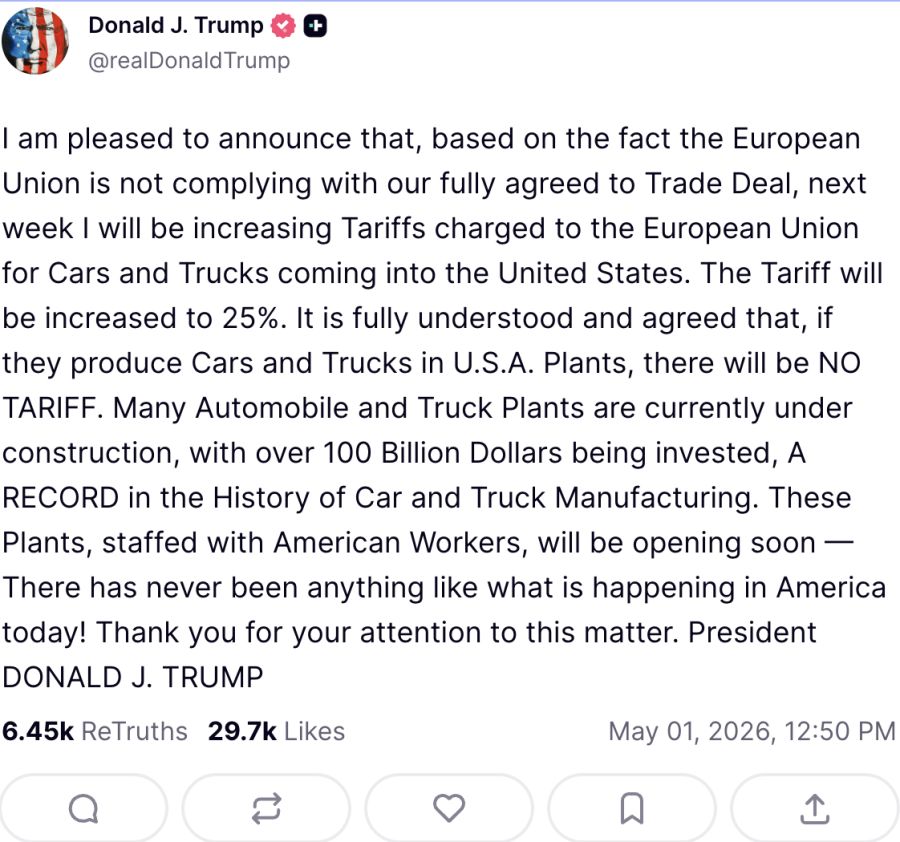 Posteo de Trump en Truth Social 
