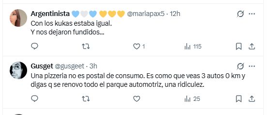 Algunas de las respuestas al retuiteo presidencial del posteo que mostraba a la pizzería 
