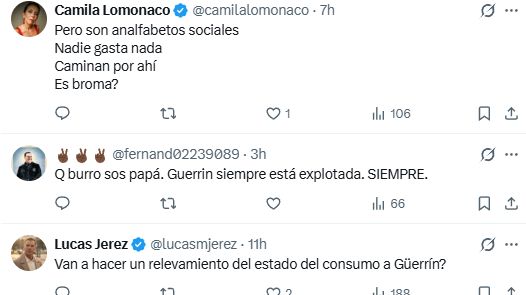 Algunas de las respuestas al retuiteo presidencial del posteo que mostraba a la pizzería 