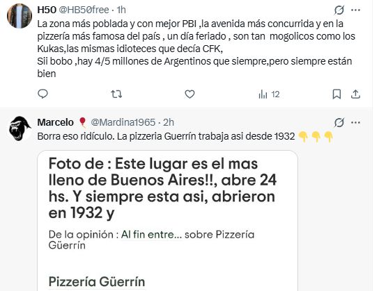 Algunas de las respuestas al retuiteo presidencial del posteo que mostraba a la pizzería 