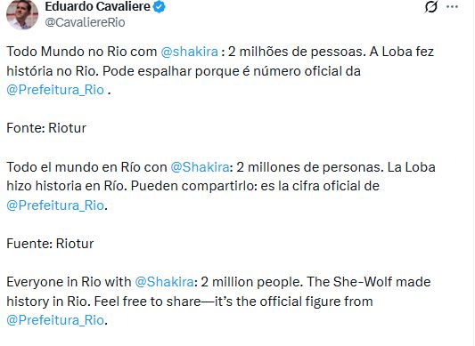 El posteo del alcalde de Río de Janeiro, por el show de Shakira.