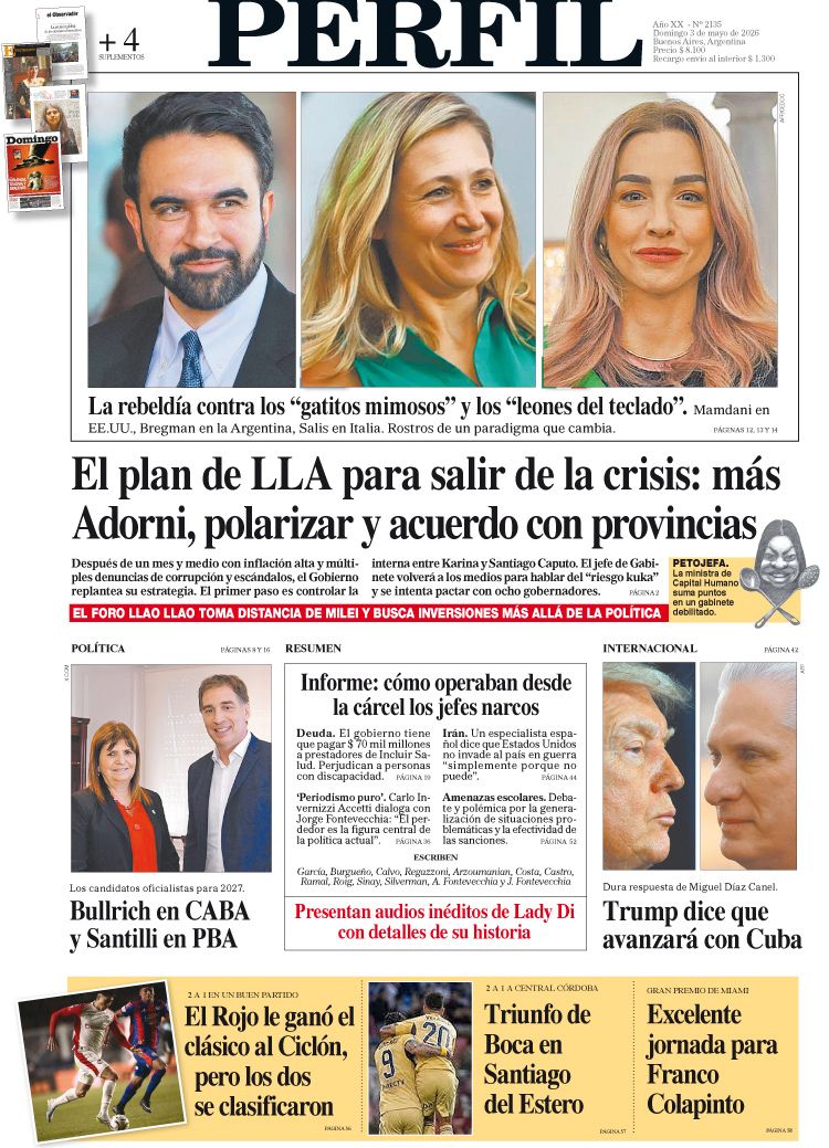 La tapa del Diario PERFIL del domingo 3 de mayo de 2026