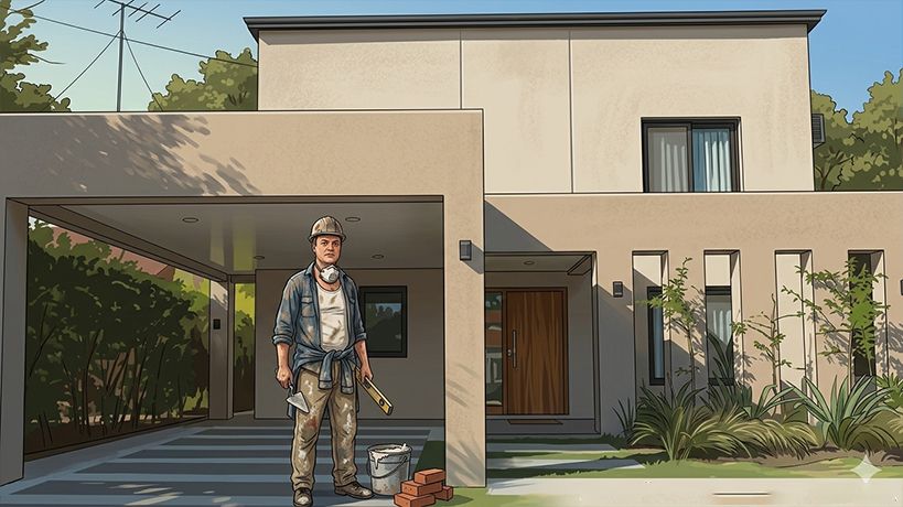 Adorni frente a su casa pero simulando ser un albañil
