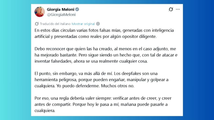 Giorgia Meloni denunció la circulación de imágenes falsas suyas generadas con inteligencia artificial