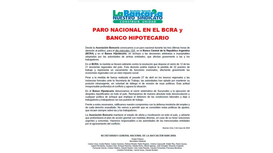 Comunicado de La Bancaria 07052026