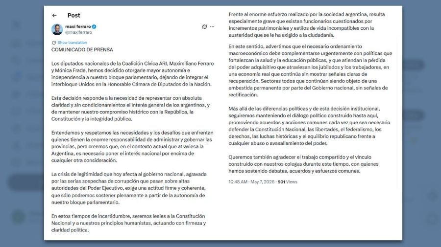 Comunicado de prensa Coalición Cívica - Ferraro 07052026