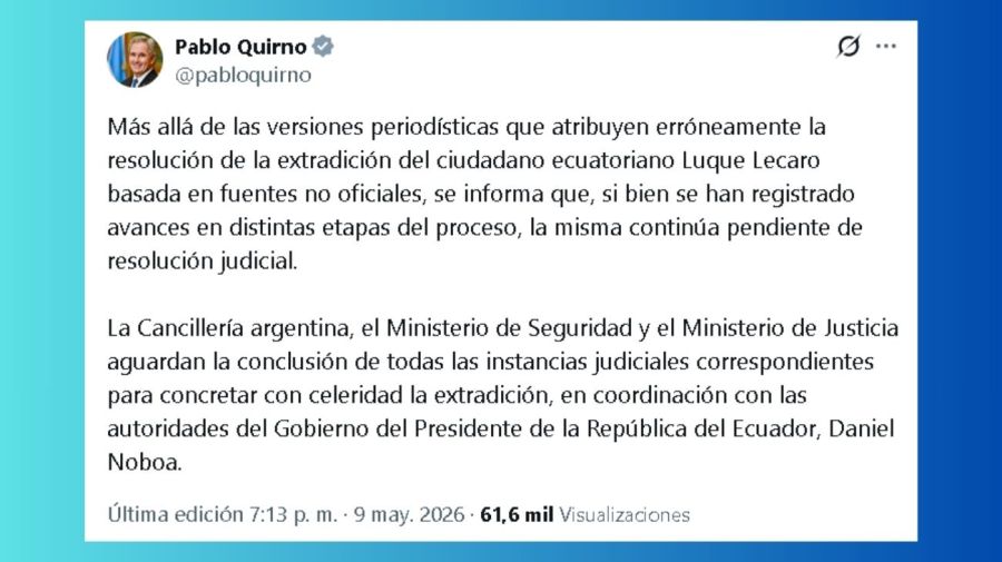 El canciller Pablo Quirno desmintió la versión de Patricia Bullrich sobre la extradición de Hernán Luque Lecaro