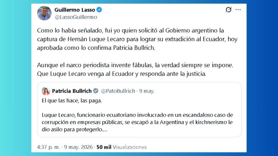 El expresidente de Ecuador, Guillermo Laso, celebró el mensaje de Patricia Bullrich