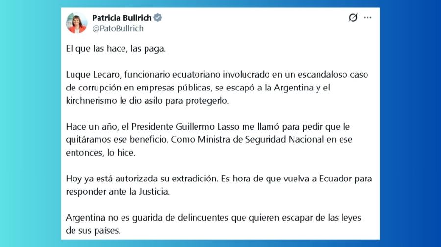 Patricia Bullrich confirmó que la extradición de Hernán Luque Lecaro 'ya está autorizada'
