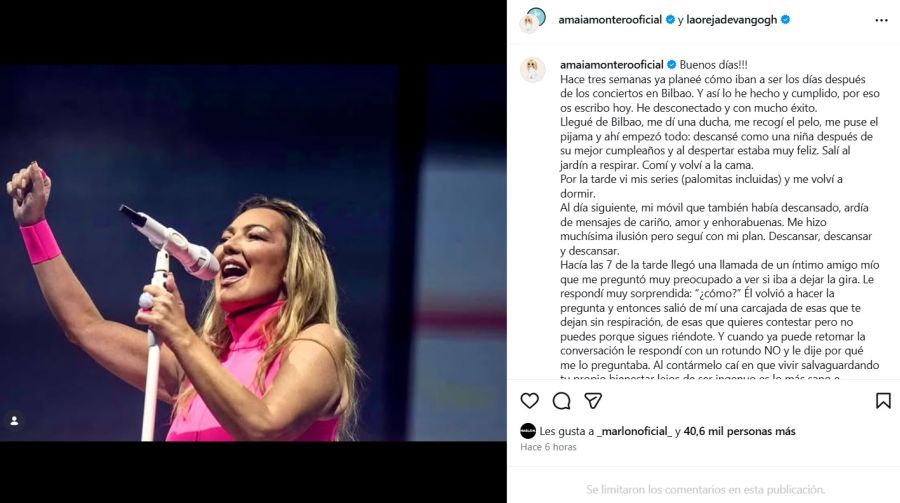 Comunicado de Amaia Montero tras la polémica