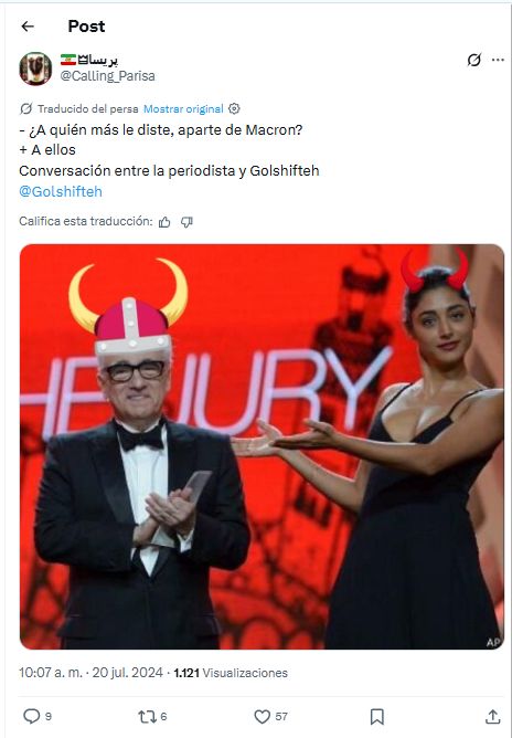 Tuit sobre Golshifteh Farahani y Emmanuel Macron