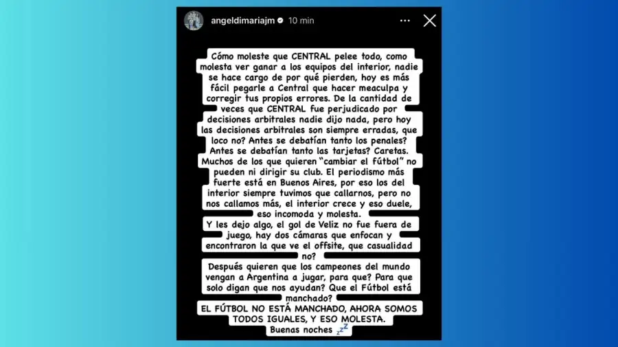 El duro mensaje de Ángel Di María contra el presidente de Racing, Diego Milito