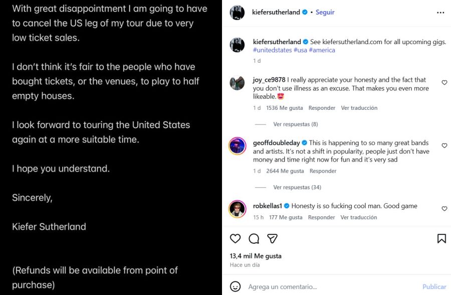 Kiefer Sutherland cancela su gira debido a la baja venta de entradas