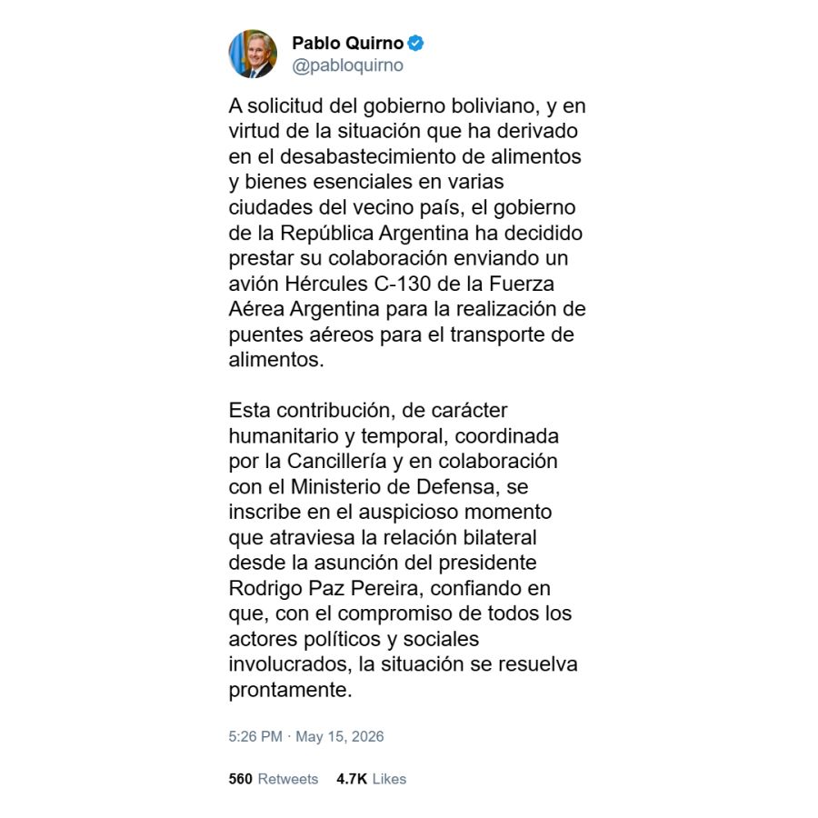 Tuit Pablo Quirno ayuda a Bolivia