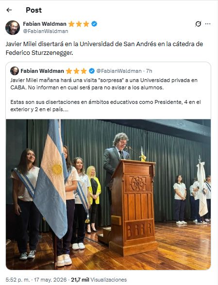 Post sobre visita sorpresa de Milei a la Universidad de San Andrés - UdeSA