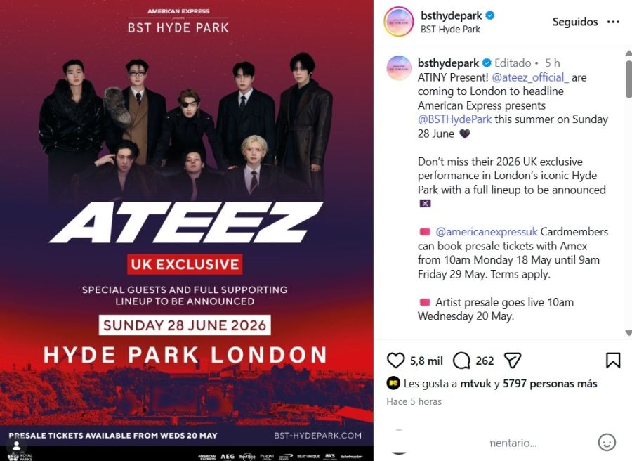 ATEEZ será cabeza de cartel en el BST Hyde Park