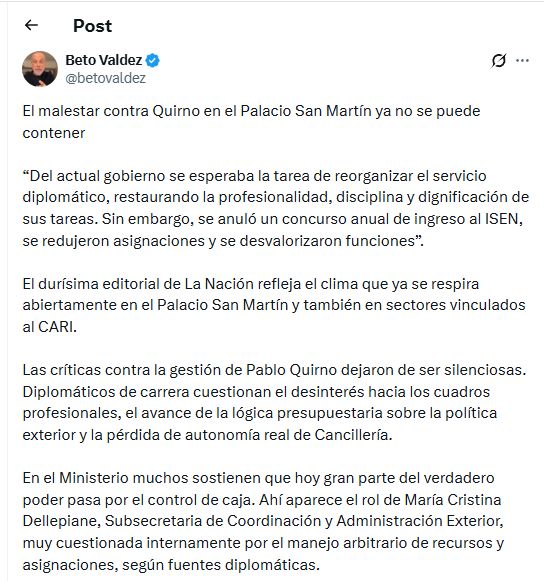 Post Beto Valdez en X sobre Cancillería