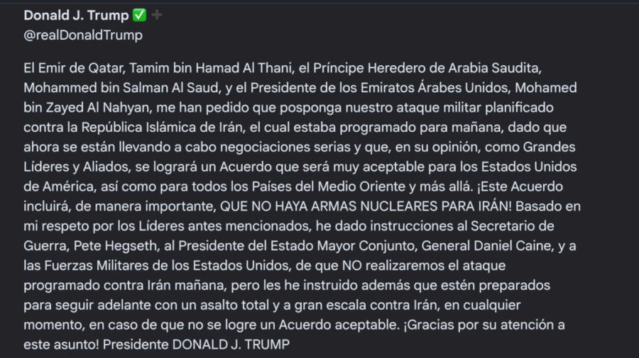 Truth Social de Trump sobre Irán