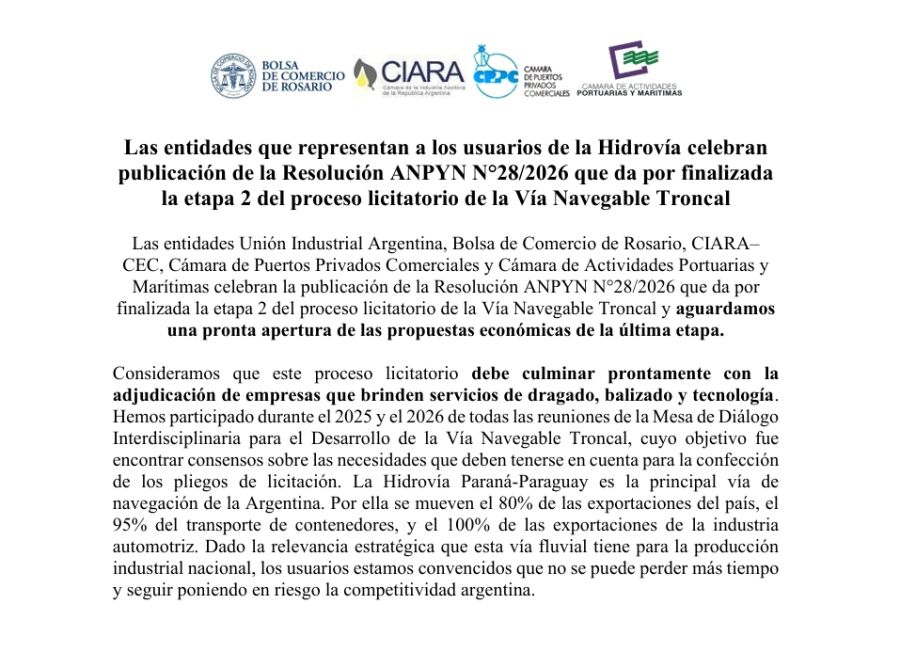 Comunicado de las entidades que representan a los usuarios de la Hidrovía
