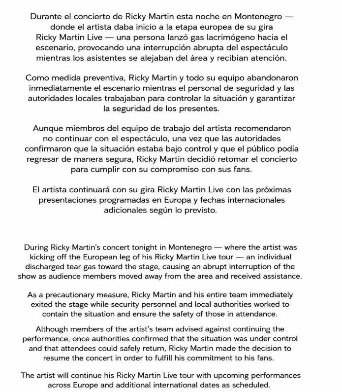 Comunicado representante Ricky Martin tras la interrupción de su show en Montenegro
