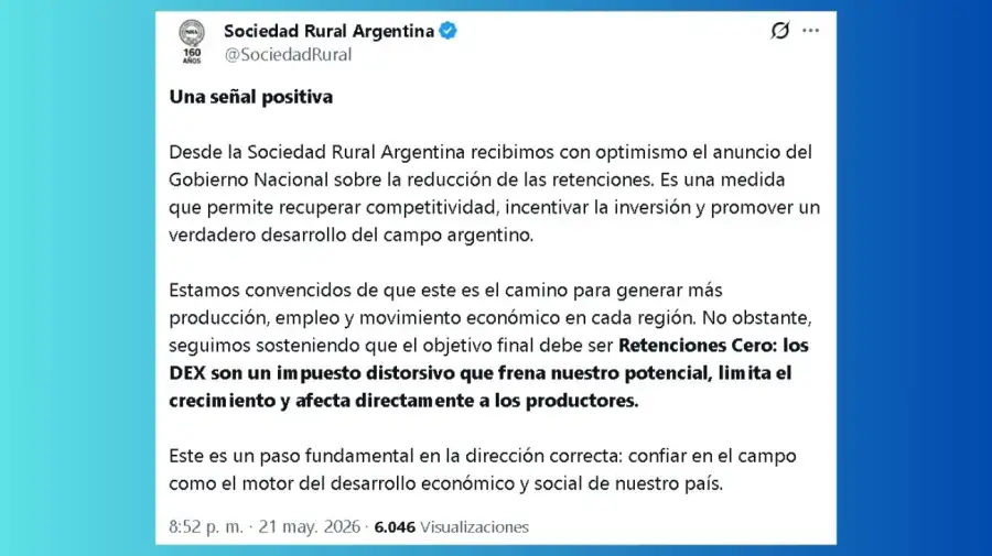 La Sociedad Rural Argentina celebra la baja de retenciones al trigo y la cebada pero sigue reclamando 'retenciones cero'