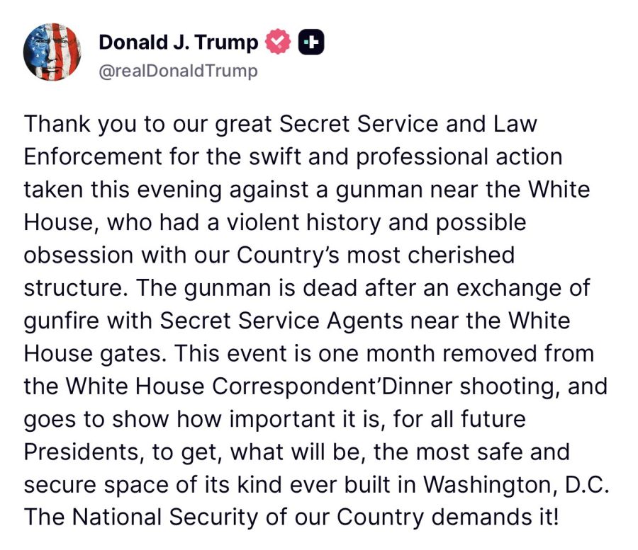 Posteo de Donald Trump sobre el tiroteo cerca de la Casa Blanca