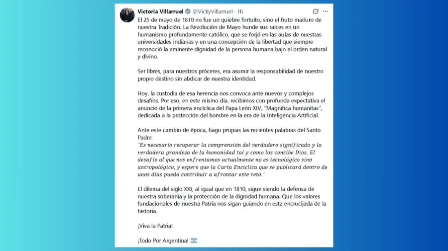El mensaje de Victoria Villarruel tras no haber sido invitada al Tedeum del 25 de Mayo