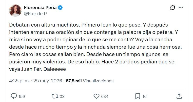 Florencia Peña apuntó contra la hinchada de River tras la derrota ante Belgrano