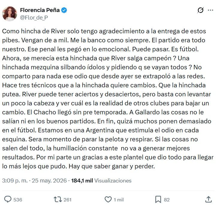 Florencia Peña apuntó contra la hinchada de River tras la derrota ante Belgrano