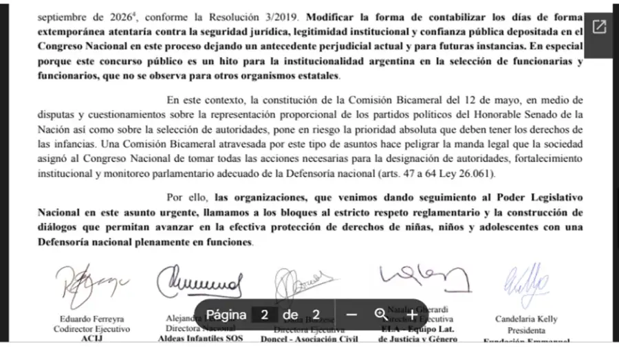Nota a la nueva Comisión Bicameral del Congreso
