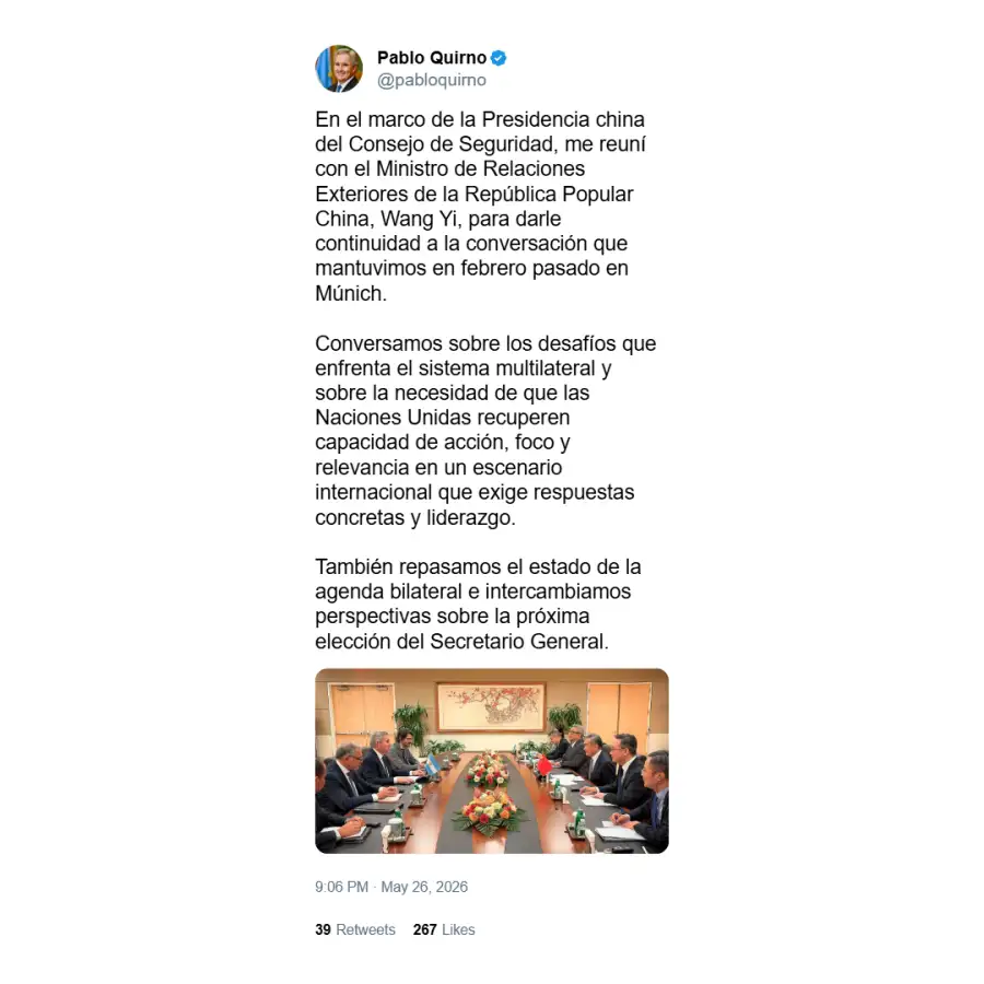 El canciller Pablo Quirno y su encuentro con el Ministro de Relaciones Exteriores de la República Popular China, Wang Yi