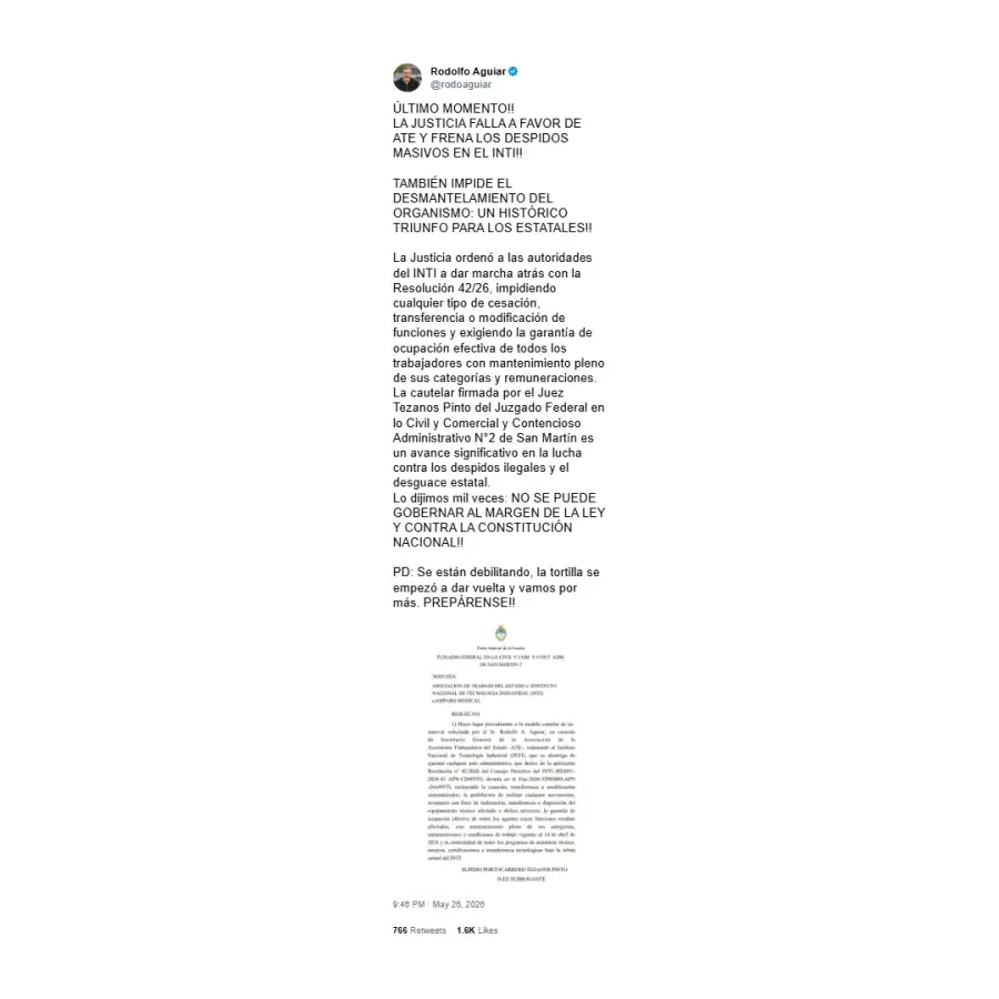 Posteo de Aguiar sobre el fallo a favor del INTI
