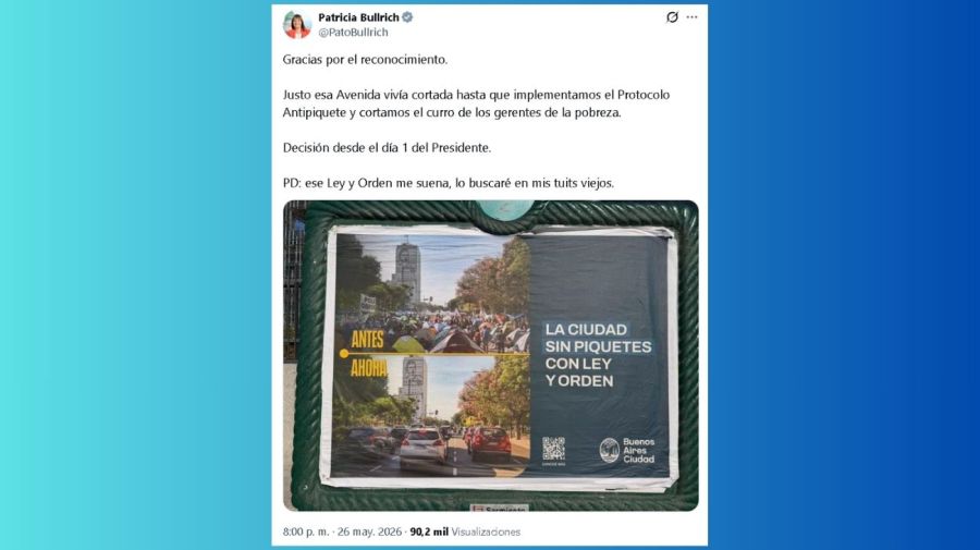 Tuit de Patricia Bullrich: 'Gracias por el reconocimiento'