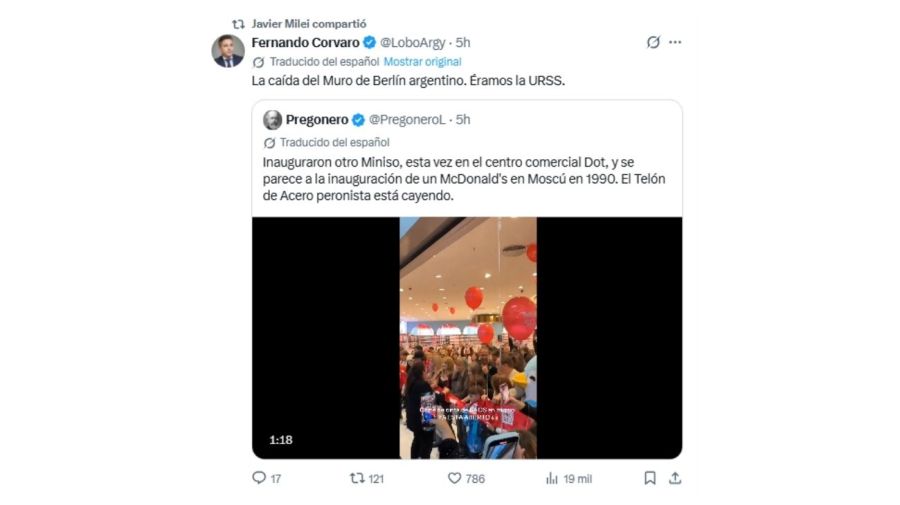 Reposteo de Javier Milei sobre Miniso