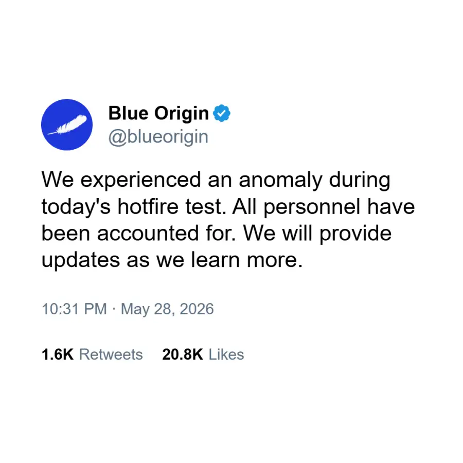 Posteo de Blue Origin sobre la explosión del cohete New Glenn