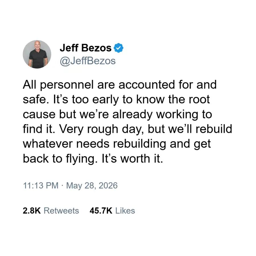 Posteo de Jeff Bezos sobre la explosión del cohete New Glenn