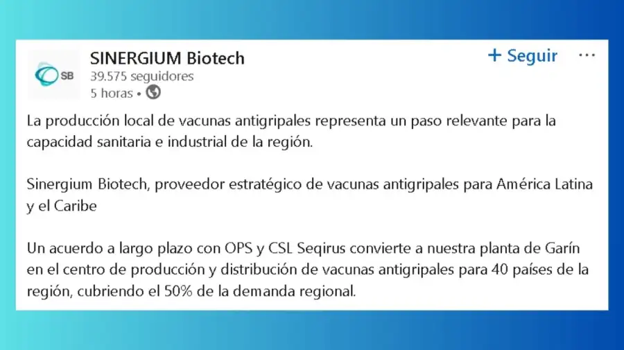 Sinergium Biotech proyecta cubrir el 50% de la demanda de vacunas antigripales de Latinoamérica y el Caribe