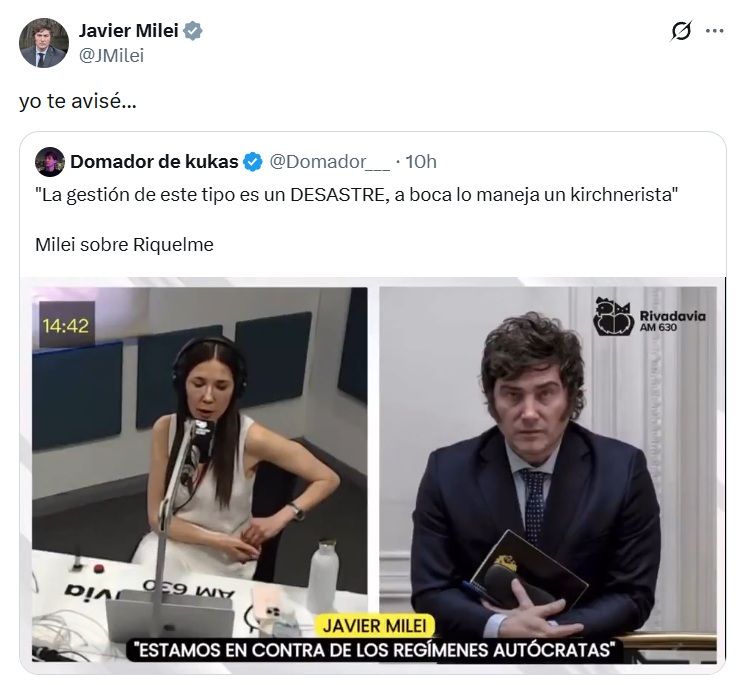 Tuit de Milei tras la elminiación de Boca