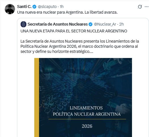 Post de Santiago Caputo en X sobre política nuclear