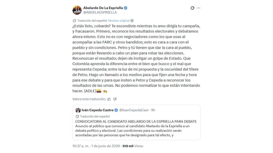 Abelardo de la Espriella desafió a Iván Cepeda a un debate 