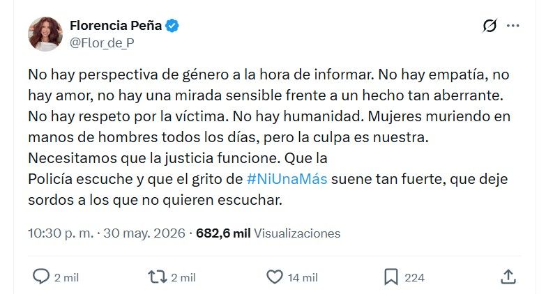 El mensaje de Florencia Peña tras el femicidio de Agostina Vega