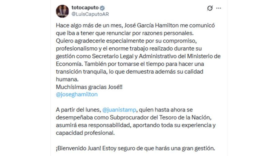 Luis Caputo anunció la salida de José García Hamilton