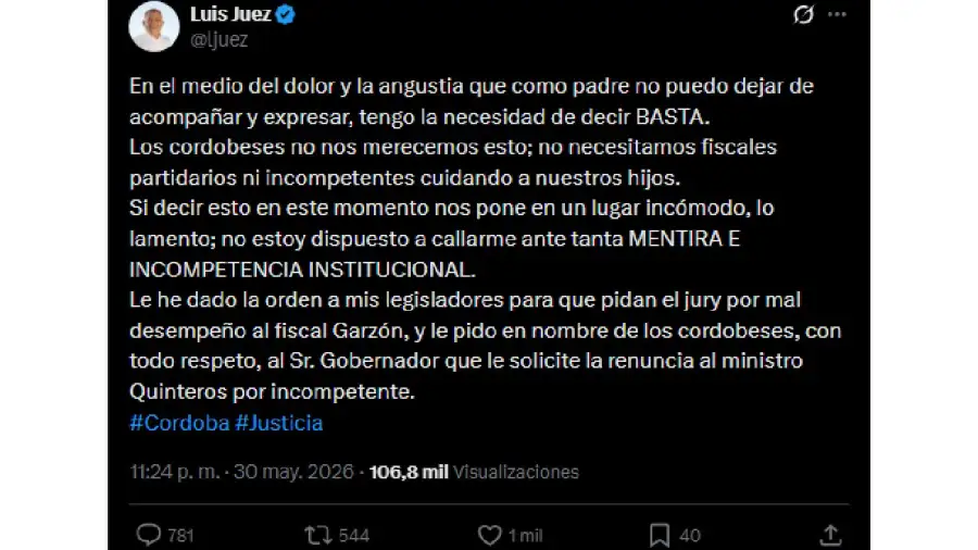 Mensajes de De Loredo y Juez por el caso Agostina Vega 20260601