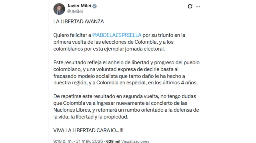 Milei fue uno de los primeros mandatarios en felicitar a Abelardo de la Espriella