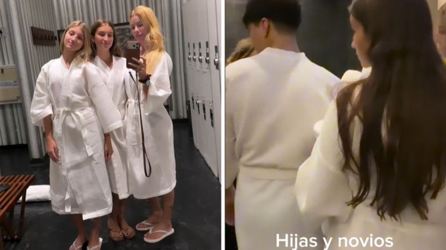 Nicole Neuman en el sauna junto a sus hijas Indiana y Allegra y sus respectivos novios