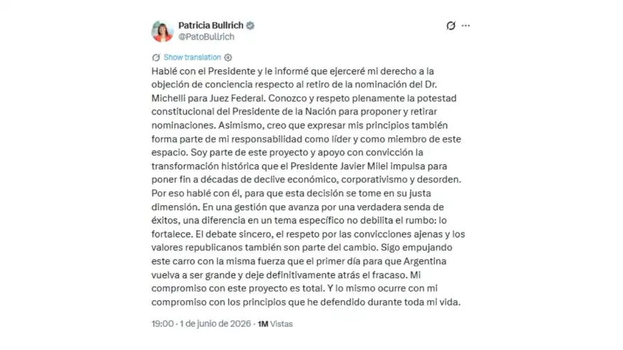 El tuit de Patricia Bullrich sobre Michelli