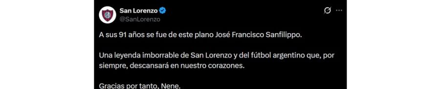 El mensaje de San Lorenzo por la muerte de José Sanfilippo